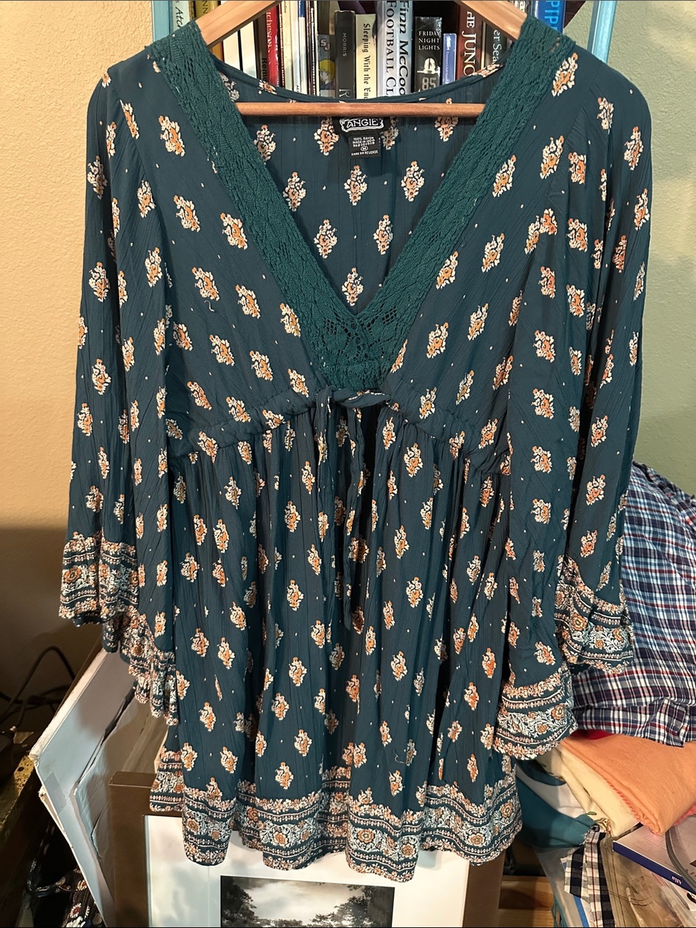 Angie Forest Green Floral Lace-Trim V-Neck Boho Tunic